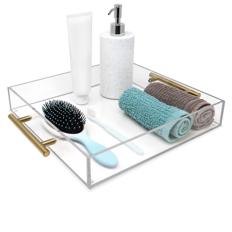 Isaac Jacobs Clear Acrylic Serving Tray (12x12) with Gold Metal Handles, Spill-Proof, Stackable Organizer, Food & Drinks Server, Indoors/Outdoors, Lucite Storage DÃ©cor (12x12, Clear with Gold Handle) - Image 3